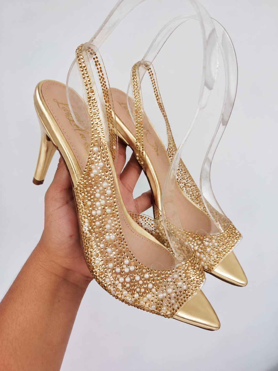 Tacones Cristal Bella – Slingback con Perlas y Brillos