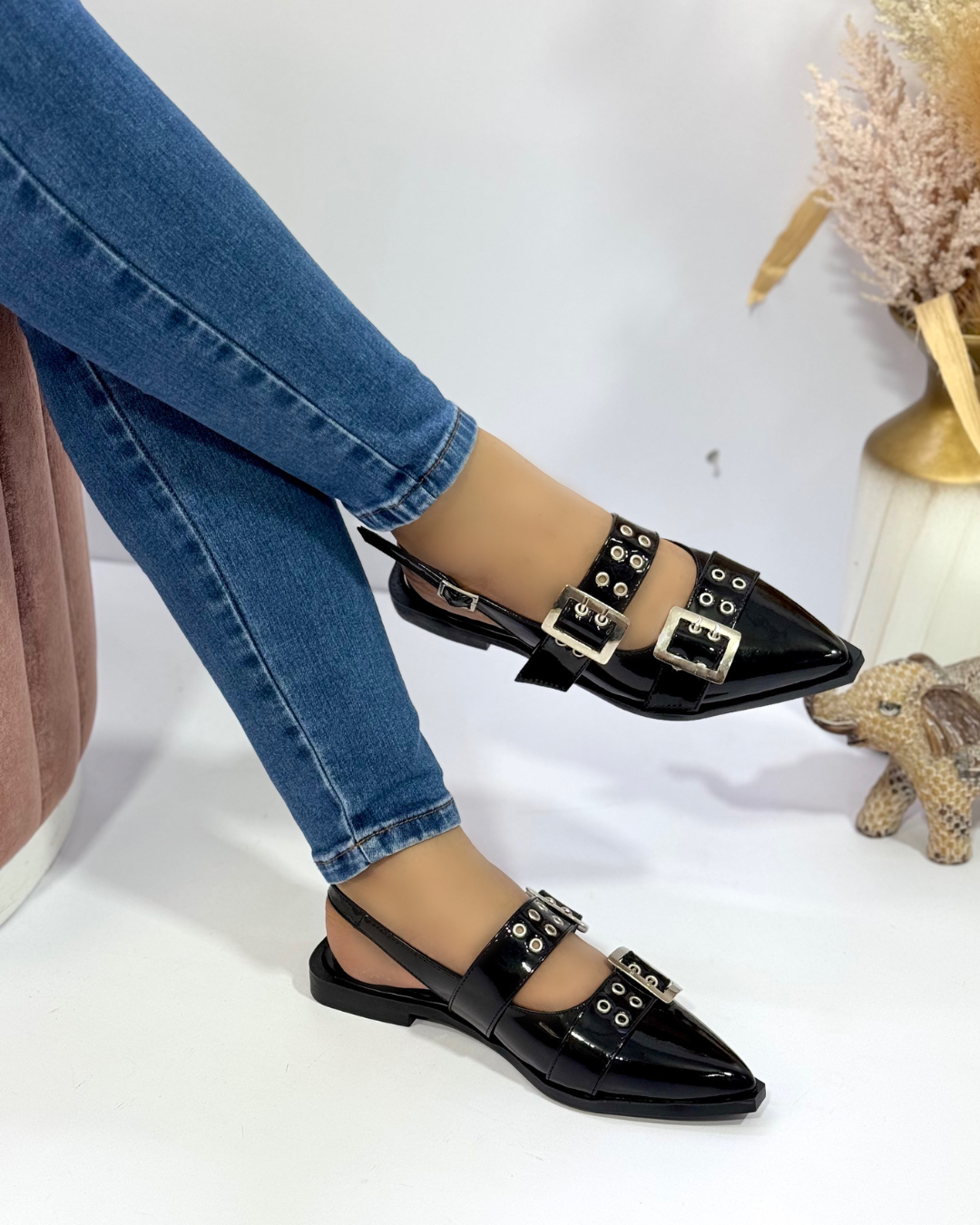 Baleta Slingback Charolada con Doble Hebilla