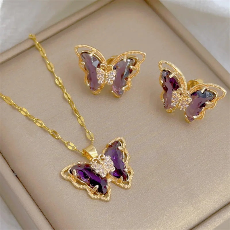 Conjunto de Joyería Mariposa con Circonio Púrpura en Oro 18 K