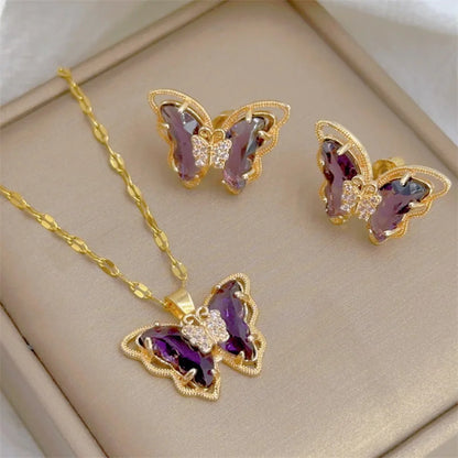 Conjunto de Joyería Mariposa con Circonio Púrpura en Oro 18 K